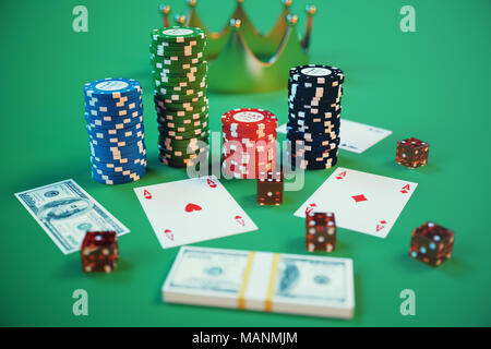 Illustration 3D jeu de casino. Jetons, cartes de jeu pour le poker. Des jetons de poker, red dice et de l'argent sur la table verte. Concept de casino en ligne. Banque D'Images