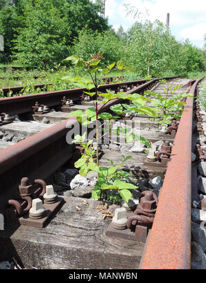 Abandonnés et envahis par la voie de chemin de fer, scène en plein air. Banque D'Images