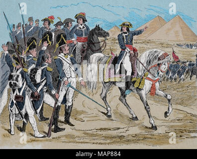Bataille des Pyramides. 21 juillet ,1798 lors d'invasion française sur l'Egypte. Les guerres de la Révolution française. 'Napoléon avec ses troupes". Banque D'Images