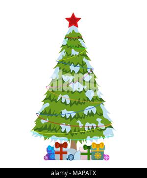 Joyeux Noël tree signe sur fond blanc. Pine Tree avec voyants de couleur d'un logo. Vector Illustration. Illustration de Vecteur