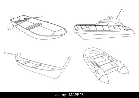 Jeu de bateau : bateau, pirogue, Bateau radeau et icône. Contours Vector Illustration. Illustration de Vecteur