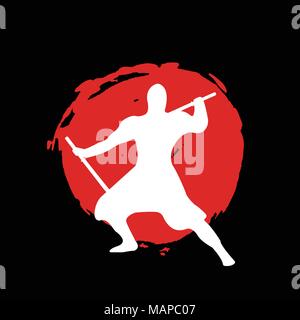 Guerrier Ninja Silhouette sur lune rouge et noir en arrière-plan. Vector illustration isolé. Illustration de Vecteur