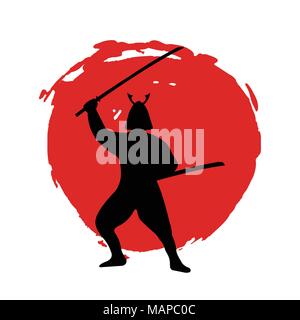 Samurai Warrior Silhouette sur lune rouge et fond blanc. Vector illustration isolé. Illustration de Vecteur