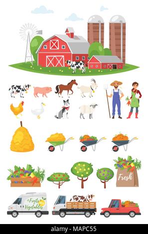 Vector cartoon style agriculteurs : ferme, les gens, les animaux, les arbres fruitiers, les voitures. Isolé sur fond blanc. Illustration de Vecteur