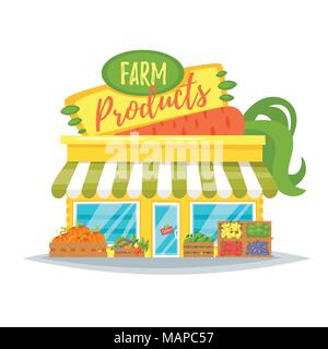 Vector cartoon style illustration du produit agricole shop façade avec bandeau lumineux. Store extérieur de l'immeuble. Isolé sur fond blanc. Showcase prod Illustration de Vecteur