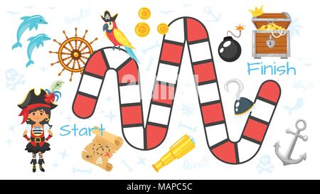 Vector cartoon style illustration de pirate pour les enfants jeu de modèle. Pour l'impression. Composition verticale avec voyage d'icônes. Arrière-plan blanc. Illustration de Vecteur