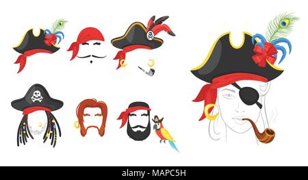 Vector cartoon style visages pirate ou éléments de carnaval, des chapeaux, bandana, les barbes et les pipes. Articles de décoration pour votre photo selfies et vide Illustration de Vecteur