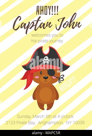 Vector cartoon style kids Pirate Party poster avec mignon petit personnage pirate hat et dans l'ours jaune arrière-plan. Illustration de Vecteur