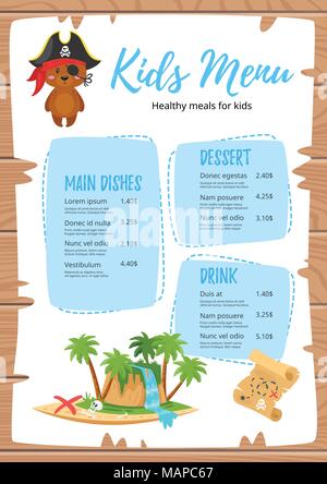 Vector cartoon style design pour enfants menu avec mignon petit personnage-animal en ours pirate costume, carte au trésor et l'île. Repas menu enfant modèle. Woo Illustration de Vecteur