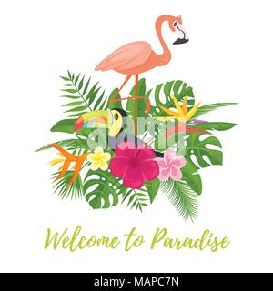 Vector cartoon style Bienvenue au paradis de l'été pour la saison de conception carte postale ou affiche avec composition florale avec des feuilles, des fleurs tropicales, toucan et Illustration de Vecteur