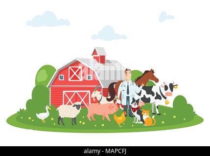 Vector cartoon style illustration d'heureux caractère médecin vétérinaire entouré par les animaux de ferme : vache, cochon, chien etс. Bâtiment de ferme - grange rouge sur ru Illustration de Vecteur