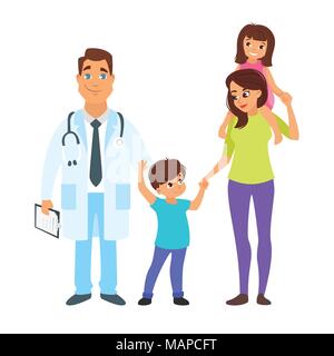 Vector cartoon style illustration des droits de l'enfant médecin avec la mère et ses enfants - petit garçon et fille. Isolé sur fond blanc. Illustration de Vecteur