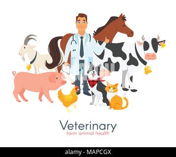 Vector cartoon style illustration d'heureux caractère médecin vétérinaire entouré par les animaux de ferme : vache, cochon, chien etс. Isolé sur fond blanc. Illustration de Vecteur