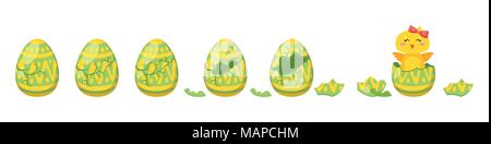 Vector cartoon style illustration de fissuration ornement couleur œuf de Pâques pour l'animation. Jaune poussin avec Cute red bow éclos de maison de l'oeuf. Illustration de Vecteur