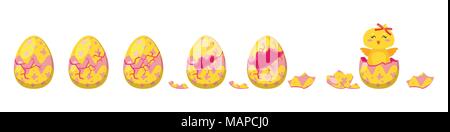 Vector cartoon style illustration de fissuration ornement couleur œuf de Pâques pour l'animation. Jaune poussin avec Cute red bow éclos de maison de l'oeuf. Illustration de Vecteur