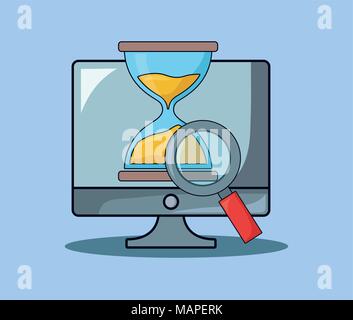 Ordinateur avec moniteur et sablier de verre magnigying sur fond bleu, design coloré. vector illustration Illustration de Vecteur