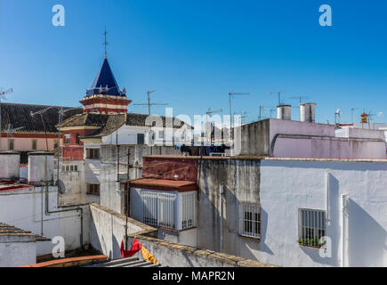 Vue sur les toits de maisons blanches et le toit en tuiles bleues de l'église Iglesia de San Roman et Santa Catalina dans la ville espagnole de Séville, Andalousie, Espagne Banque D'Images