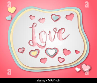 Illustration à la main ou le dessin du mot amour et certains cœurs dans un modèle de coupe de papier Banque D'Images