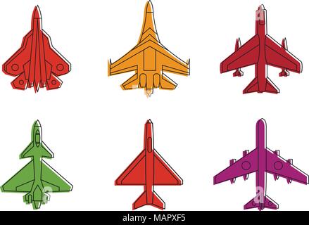 Fighter icon set, style du contour de couleur Illustration de Vecteur