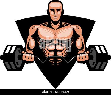 Sport, Fitness, musculation logo ou label. L'homme musclé bodybuilder ou lourds holding barbell. Vector illustration Illustration de Vecteur