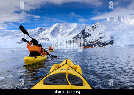 Kayak entre les icebergs spectaculaires, montagnes et glaciers, Neko Harbour, baie d'Anvord, Péninsule Antarctique, l'Antarctique, régions polaires Banque D'Images