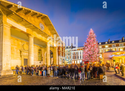 Voir l'arbre de Noël et de l'Eglise Saint-Paul à Covent Garden, au crépuscule, Londres, Angleterre, Royaume-Uni, Europe Banque D'Images