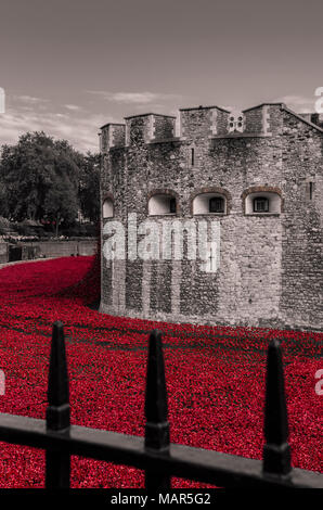 Tour de Londres les coquelicots pour 100 ans du centenaire de la première guerre mondiale, 'Blood a balayé les terres et les mers de Red' Banque D'Images