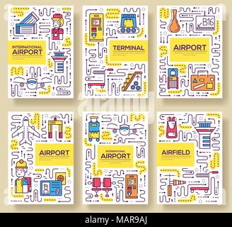 Fine ligne de travail du personnel et à l'enregistrement de personnes brochure cards set. Assurance dans le modèle de l'aéroport d'flyear, magazines, affiches, bannières, couverture de livre. Contours ligne d'enregistrement concept invitation Illustration de Vecteur