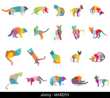 Ensemble de la mosaïque colorée des chats de races différentes silhouettes (assis, debout, couché, jouant) isolé sur fond blanc. Vector illustration. Partie 3 Illustration de Vecteur