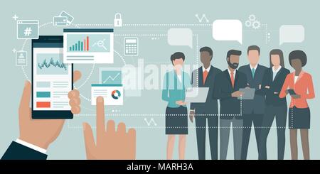 Portrait de l'application financière sur son smartphone et la connexion avec l'équipe de spécialistes en affaires en ligne : Réalité augmentée et social media concept Illustration de Vecteur
