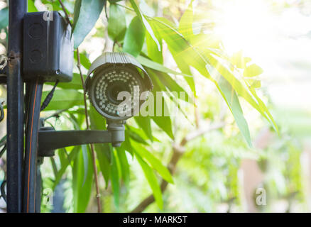 Filtre Vintage par une caméra de sécurité suspendu dans le parc close up Banque D'Images