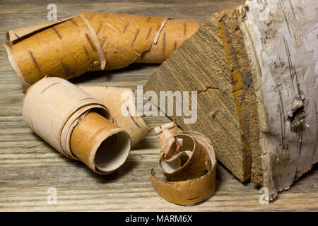 Rouleaux de bois sur écorce de bouleau Banque D'Images