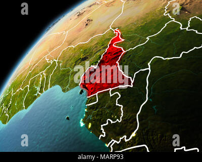 Illustration du Cameroun vu de l'orbite de la Terre à la fin de soirée avec des frontières visibles et les lumières de la ville. 3D illustration. Éléments de cette image Banque D'Images