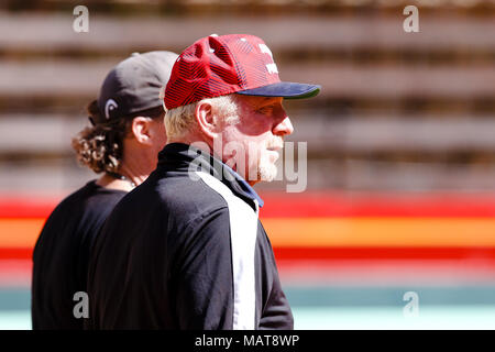 Valence, Espagne. 4 avril, 2018. Le chef de l'Allemagne du tennis masculin, Boris Becker, lors de la Coupe Davis entre l'Espagne match quart de l'Allemagne et à la Plaza de Torros. Crédit : Frank Molter/Alamy Live News Banque D'Images