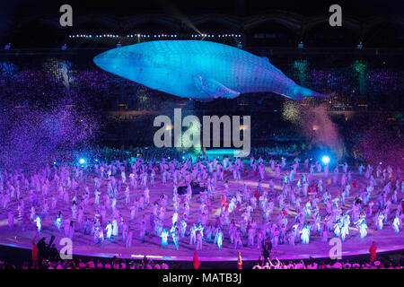 Gold Coast, en Australie. 4ème apr 2018. Une figure en forme de baleine blanche est visible pendant la cérémonie d'ouverture des Jeux du Commonwealth de 2018 Gold Coast à l'Carrara Stadium de la Gold Coast, Australie, le 4 avril 2018. Credit : Zhu Jingyun Business/Xinhua/Alamy Live News Banque D'Images