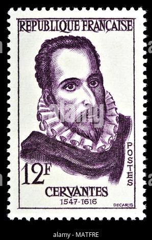 Timbre-poste français (1957) : Miguel de Cervantes (1547 - 1616) écrivain espagnol, généralement considéré comme le plus grand écrivain de langue espagnole. Auteur Banque D'Images
