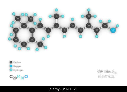De rendu 3D avec le modèle moléculaire formule moléculaire de la vitamine A1 sur fond blanc Banque D'Images
