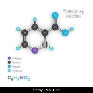 De rendu 3D avec le modèle moléculaire formule moléculaire de la vitamine B3 sur fond blanc Banque D'Images