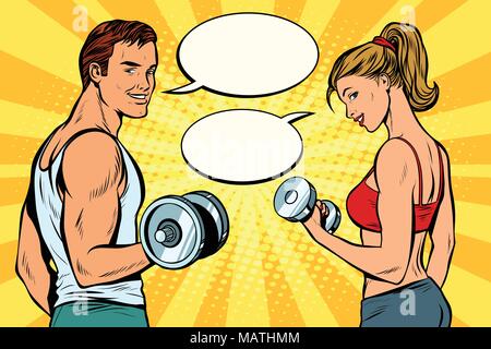 L'homme et la femme avec haltères courtes, bande dessinée bulle de dialogue Illustration de Vecteur