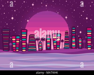 Ville de nuit sur un fond coucher de soleil, un panorama de la 80s, 90s. Ville touristique par l'océan. Vector illustration Illustration de Vecteur