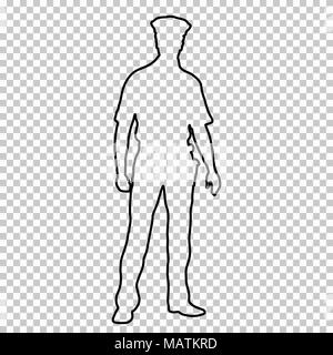 Aperçu de la police figure homme debout avant, homme portrait contour pleine longueur de la CDP sur fond transparent, vecteur d'ossature humain dans un uniforme de la police, noir et blanc, dessin de ligne stencil Illustration de Vecteur