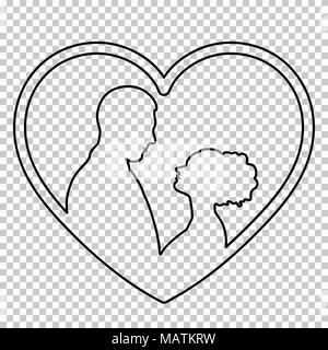 Contours figure couple in love sur fond transparent, vector dessin en noir et blanc, pochoir. Les hommes et les femmes portrait contour amorously se regardant dans le cadre en forme de coeur Illustration de Vecteur