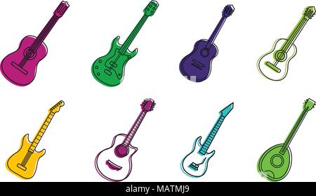 Icon Set guitare, style du contour de couleur Illustration de Vecteur