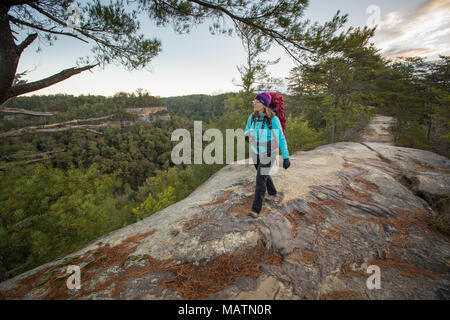 Un female hiker explorer Sky Bridge dans la Red River Gorge de KY au lever du soleil. Banque D'Images
