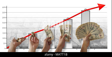 Séquence de la main d'un homme tenant un groupe de 10 dollars, avec plus de projets de chaque étape, avec un diagramme à barres et une flèche rouge qui monte à l'arrière-plan Banque D'Images