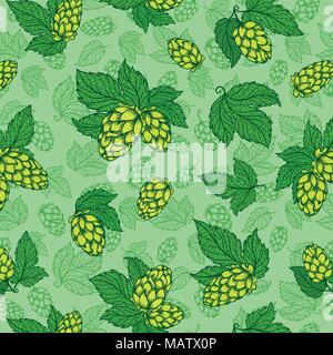 Seamless texture avec croquis détaillé d'icônes et de bière feuilles sur fond vert. Illustration de Vecteur