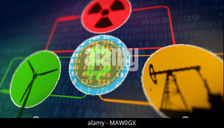 Cryptocurrency Bitcoin mining concept. L'énergie nucléaire, éolienne et l'énergie d'huile changer de monnaie de l'écran de l'ordinateur graphique stylisé. Banque D'Images