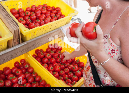 Une femme shopping pour les tomates à un marché de fermiers dans l'Oregon. Banque D'Images