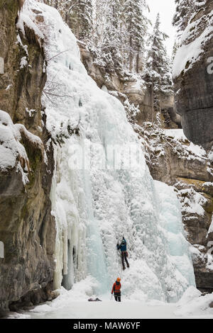 Male rock climber climbing ice mountain Banque D'Images