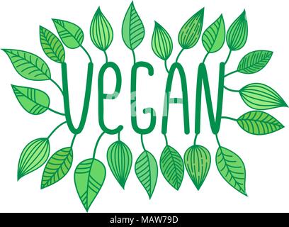 Vegan vert connectez-vous avec les feuilles en croissance, vecteur d'étiquettes, autocollant concept végétarien Illustration de Vecteur